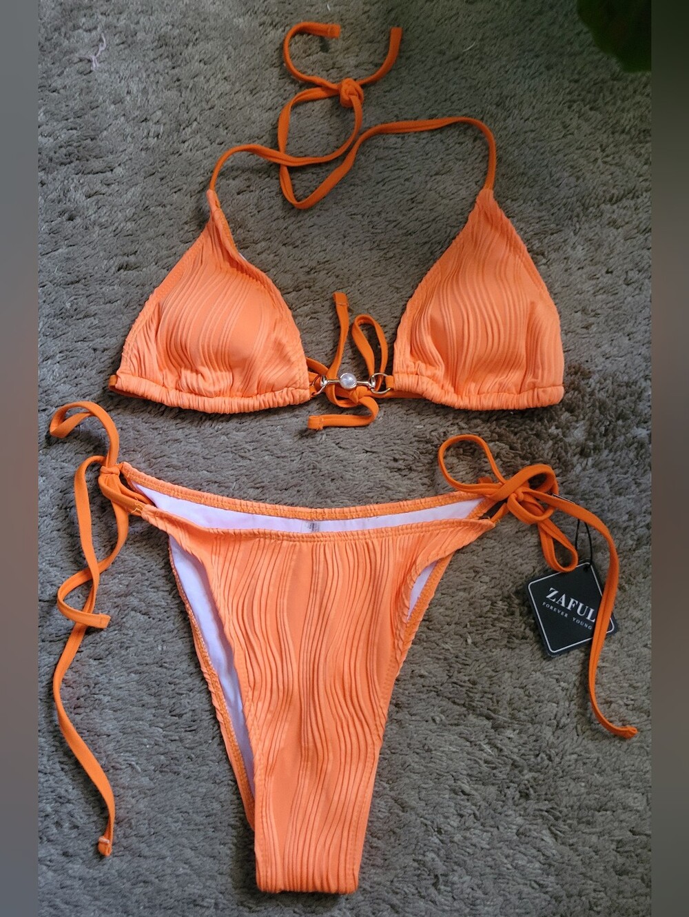 Zaful Orange Ribbed Girls' Tie Bikini Set - Women's Swim